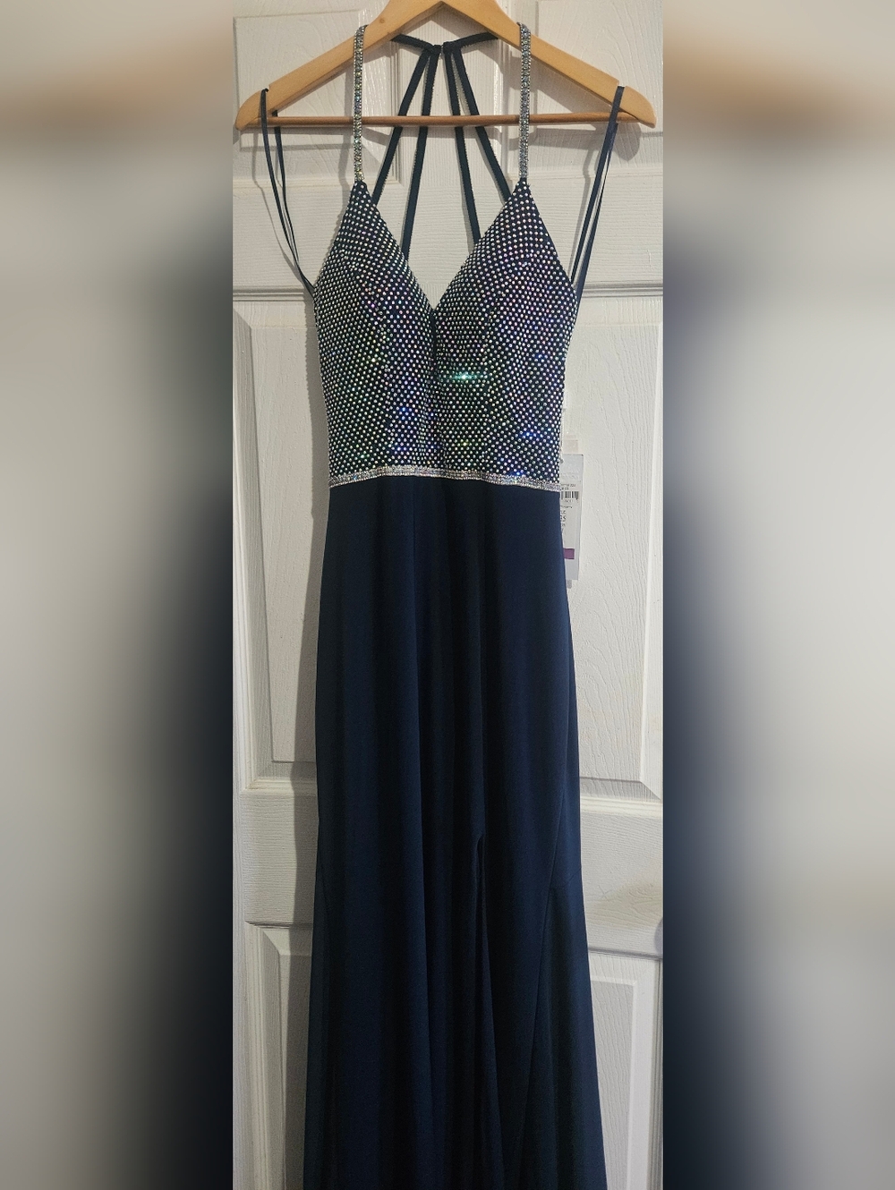 Navy Evening Gown with Rhinestone Bodice